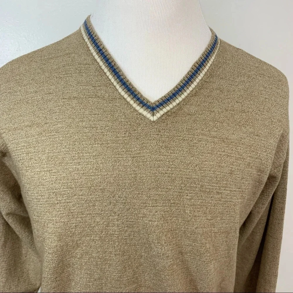 J Crew  Sweater Men XL Merino Wool Cotton V‎ Neck Long Sleeve  Neutral Tan Work